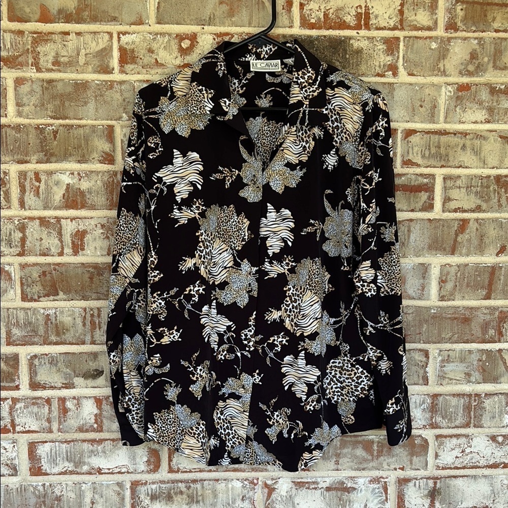 Le Caviar Leopard Print Floral Button Down Long Sleeved Blouse